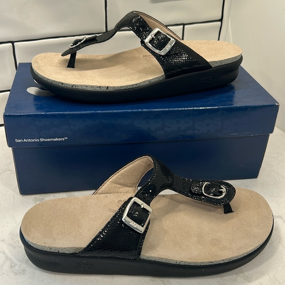 SAS Women Thong Sandals Slide SANIBEL Black Snake 10 M NEW Made in USA